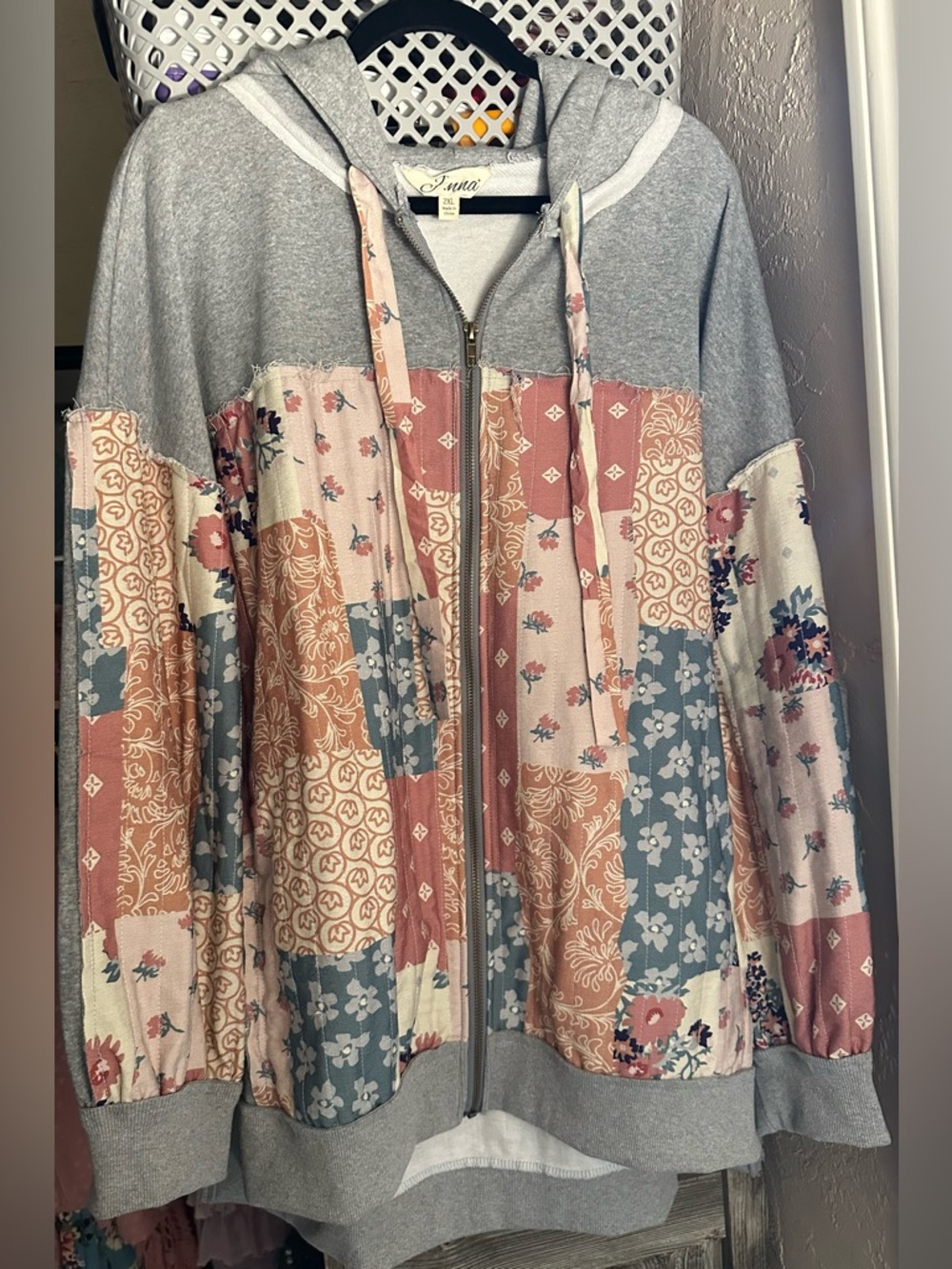 J.nna Feminine Patchwork Zip Hoodie - Floral & Grey